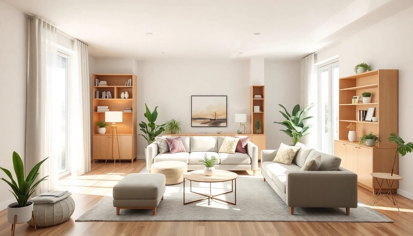 Gestalte einen einladenden Wohnraum mit harmonischer Raumgestaltung und einladendem Licht.