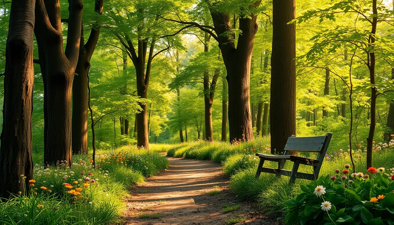 Exquisite forest photoshoot background with vibrant wildflowers and soft sunlight filtering through the trees.