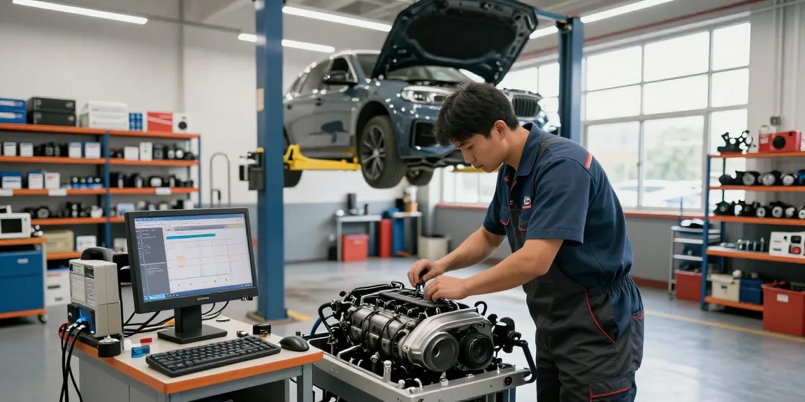 BMW Werkstatt Hannover: Mechaniker bei der Inspektion von BMW Motoren in einer professionellen Werkstatt.