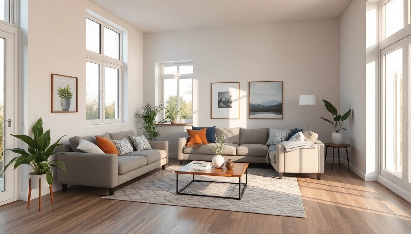 Ein modernes Wohnzimmer, das Raumgestaltung mit stilvollen Möbeln, sanften Farben und lebendigen Akzenten verkörpert.