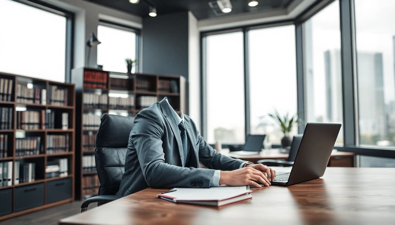 Anwalt berät Mandanten in modernem Büro mit professioneller Atmosphäre.