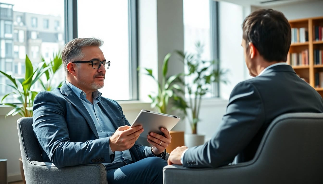 Headhunter CEO interviewt mit Tablet potenziellen Geschäftspartner in modernem Büro.