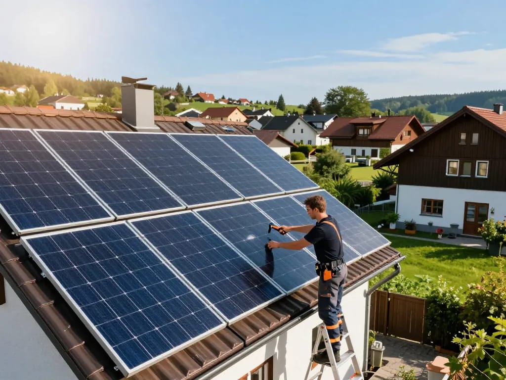 Installation von Photovoltaik Bayern durch einen Techniker an einem bayerischen Haus, das Solarpanels und umweltfreundliche Praktiken zeigt