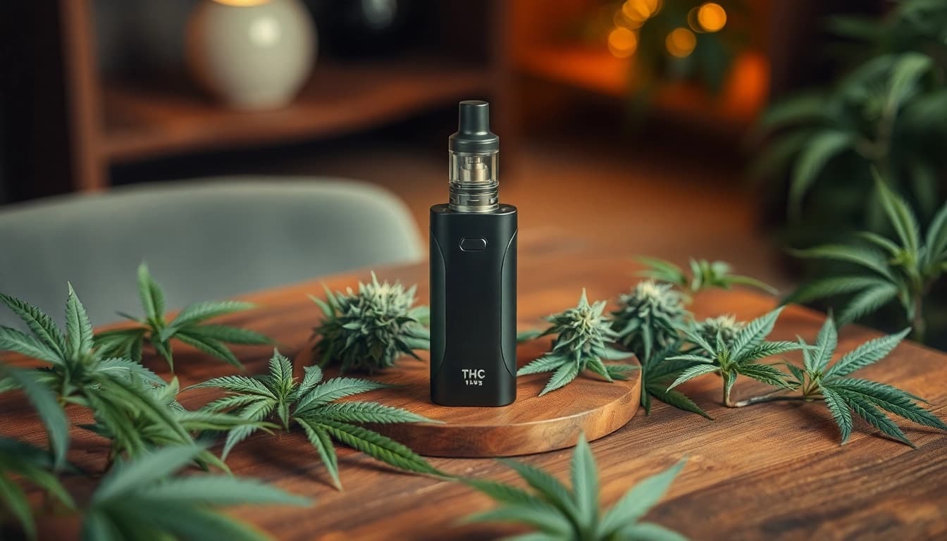 Genieße entspannende Züge mit unserem eleganten THC vape auf einem Holztisch.