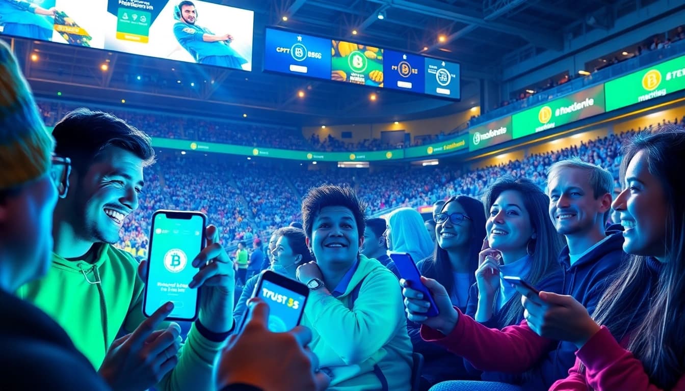Experience the excitement of crypto sports betting as diverse fans engage with vibrant sports events and betting apps.