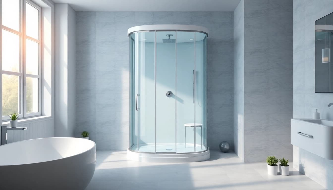 Duschkabine 100x100 modern im eleganten Badezimmer mit natürlichem Licht.
