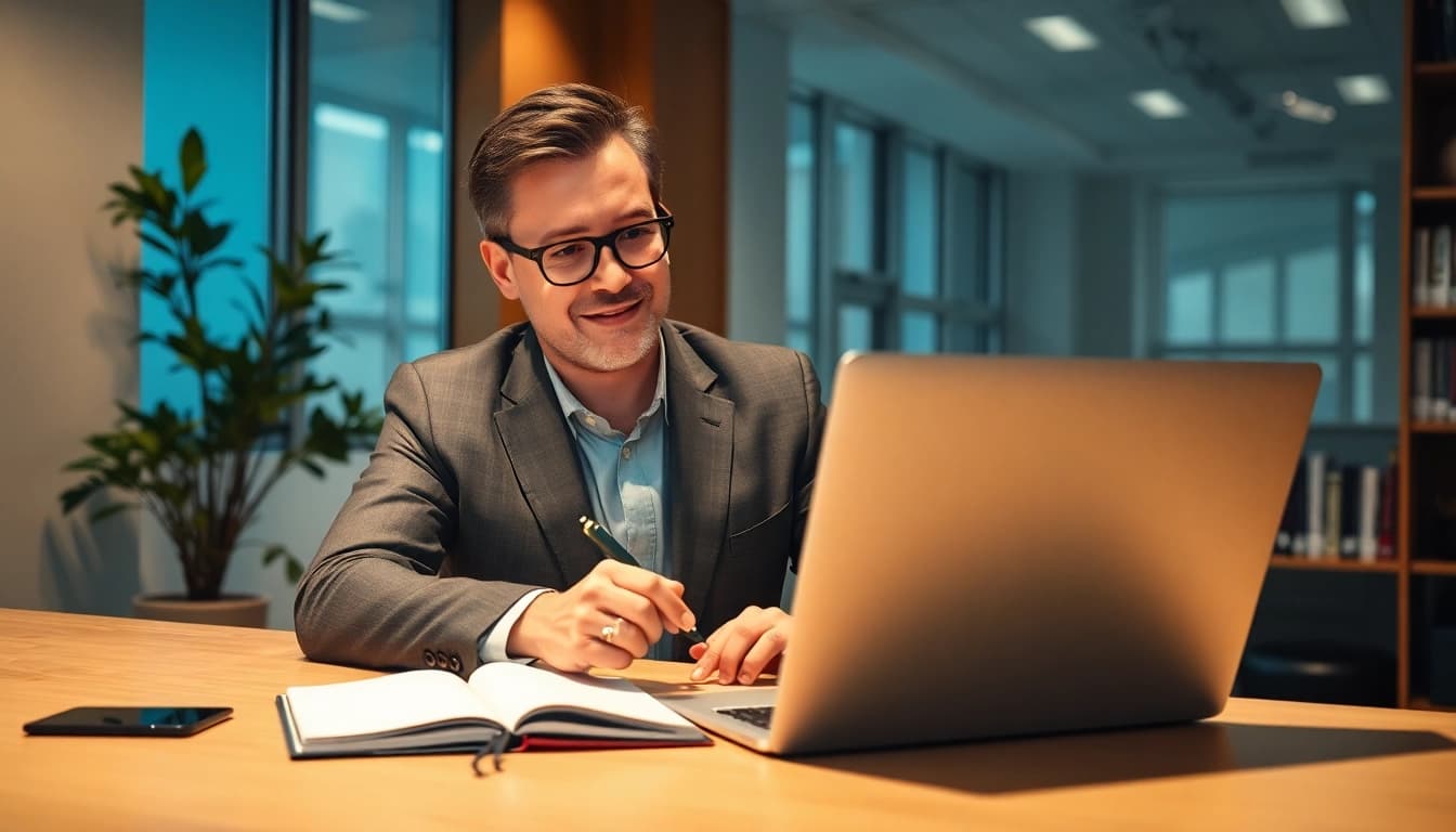 Headhunter Karlsruhe beim digitalen Vorstellungsgespräch in modernem Büro.