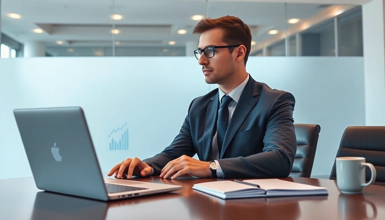 Headhunter Finance analysiert erfolgreich Bewerberprofile auf einem Laptop in einem modernen Büro.