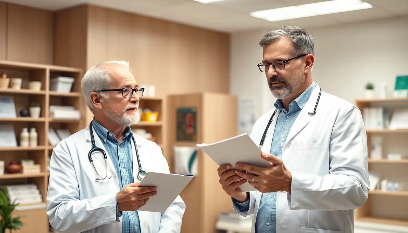 Ein Arzt erläutert Patienteninformation in einer freundlichen Arztpraxis.