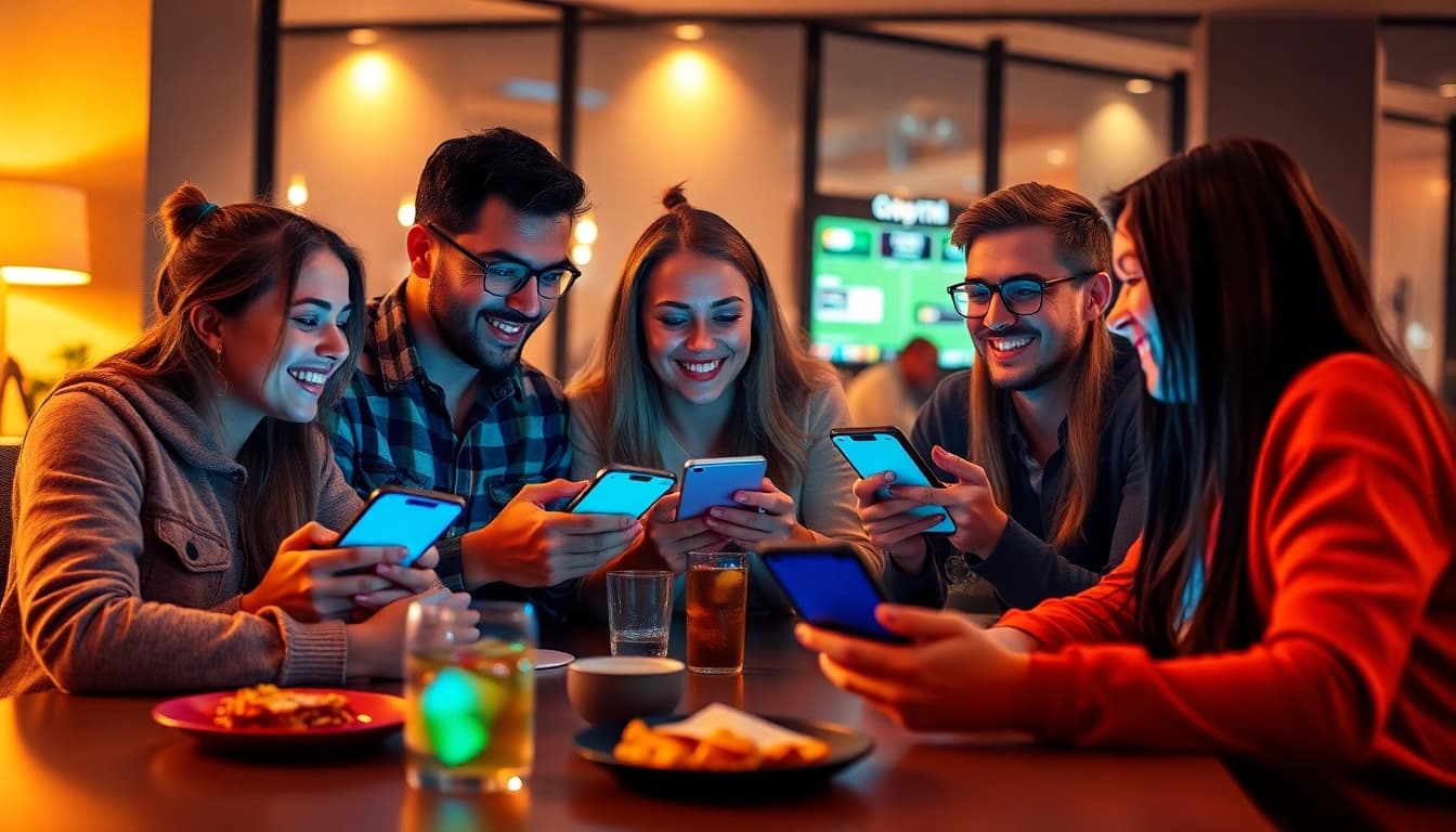 Freunde platzieren online sportwetten ohne lizenz, während sie Spaß in einem modernen Raum haben.