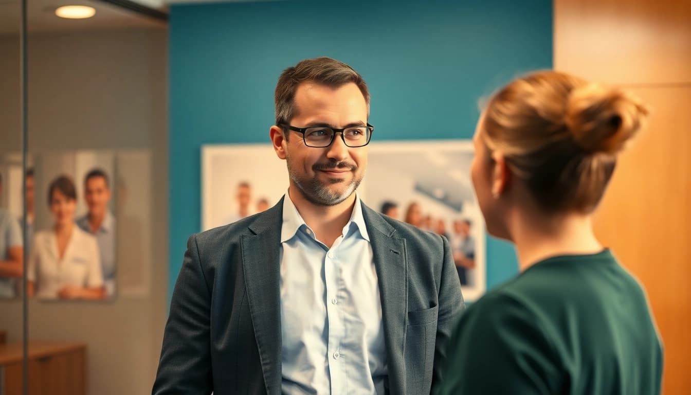 Headhunter Pflegekräfte führt ein informatives Gespräch mit einem Bewerber im Gesundheitswesen.
