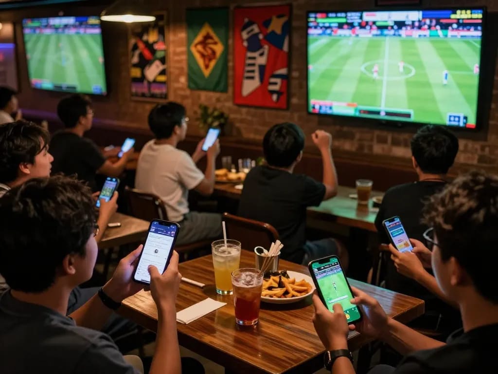 Betting on keo nha cai during an intense football match in a lively sports bar.
