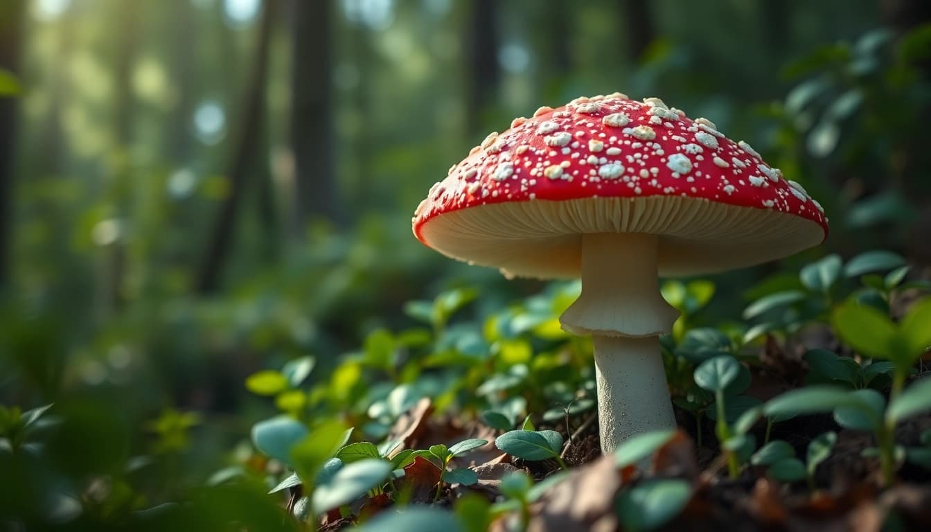 Amanita muscaria kaufen, close-up of the iconic red mushroom in a serene forest setting.