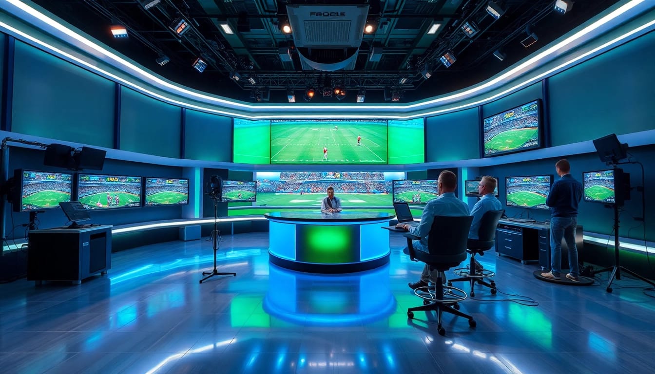 Engaging sports broadcasting scene showcasing dynamic hosts and live sports action.
