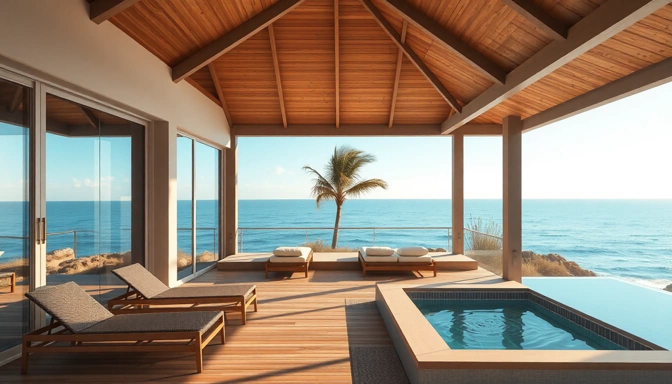 Genieße die Aussicht vom Coastal Cabana mit luxuriöser Terrasse am Strand.