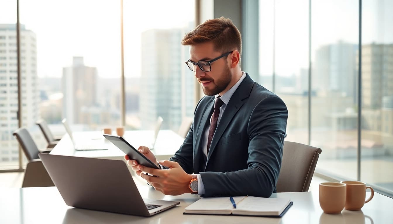Headhunter IT bespricht Bewerbungsunterlagen in modernem Büro.
