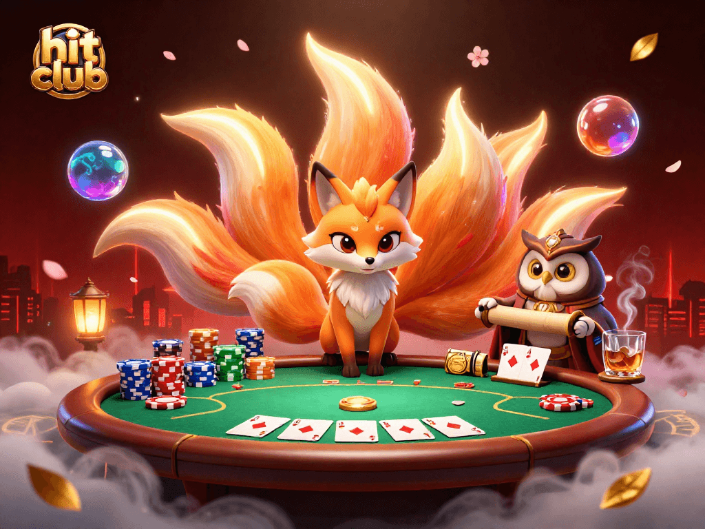 Experience the excitement at hit club with a vibrant poker scene featuring a glowing fox and wise sage.