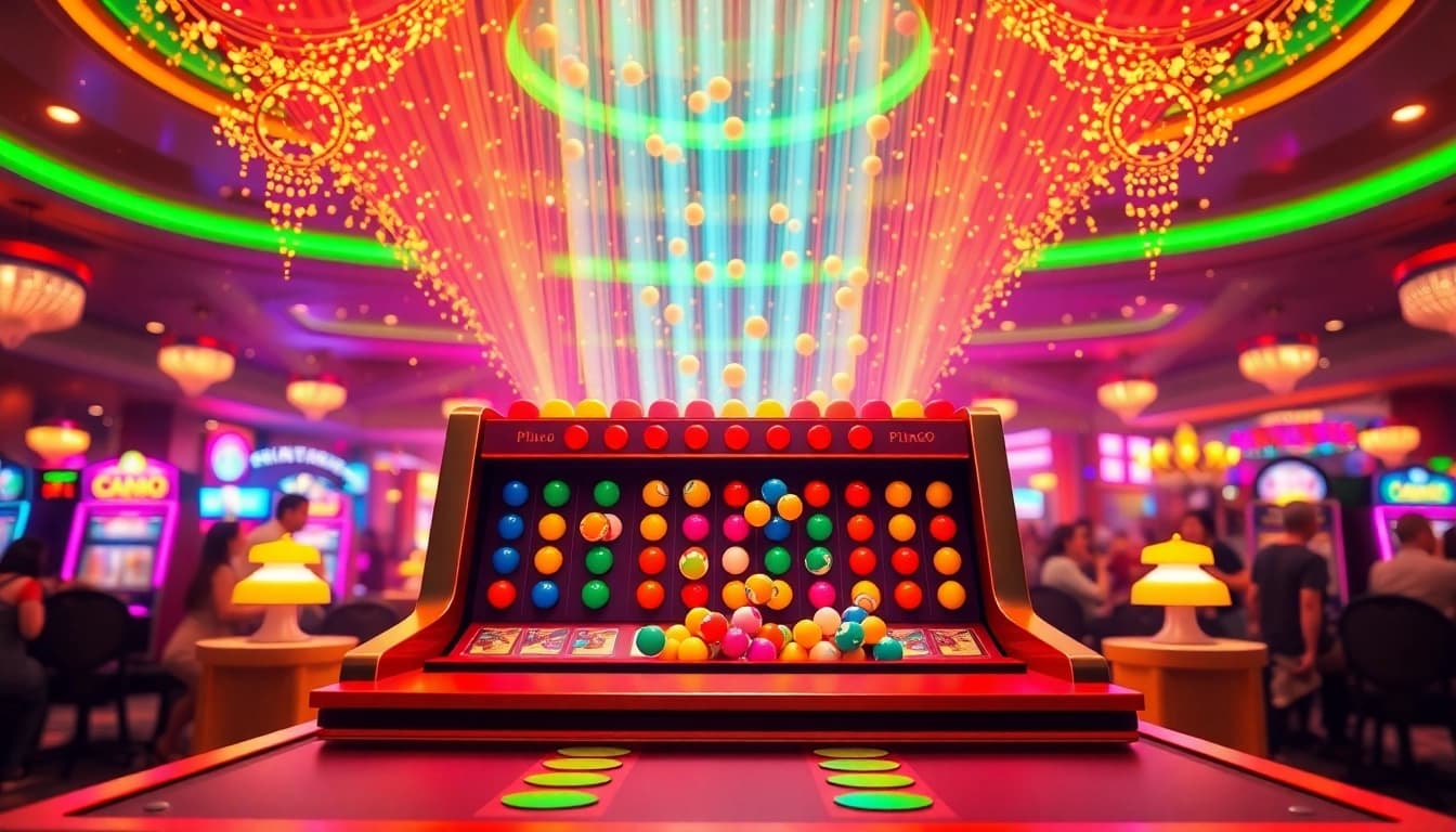 Experience the excitement of the plinko game with vibrant visuals featuring colorful boards and joyful players.