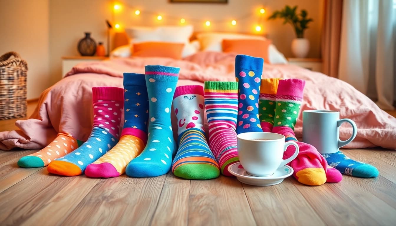 Verschiedene bunte Socken in einer einladenden Umgebung für Socken kaufen.