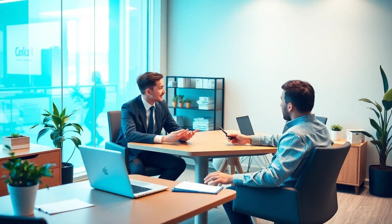 Personalvermittlung: Rekrutierer und Bewerber in einem modernen Bürogespräch.