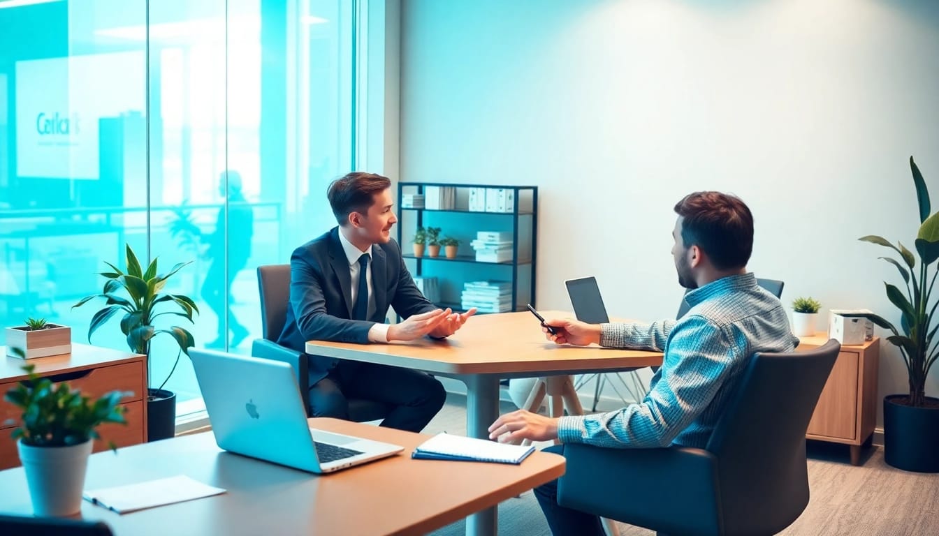 Personalvermittlung: Rekrutierer und Bewerber in einem modernen Bürogespräch.