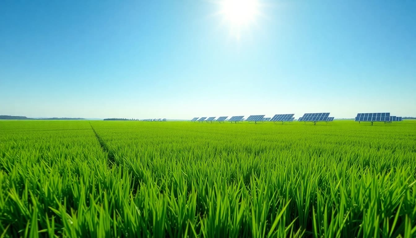Freifläche verpachten für Solarparks: Bild einer weiten, sonnigen Wiese mit Solar-Panels im Hintergrund.