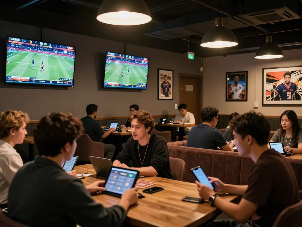 Watch exciting live sports betting action while experiencing soi kèo strategies with friends at a modern lounge.