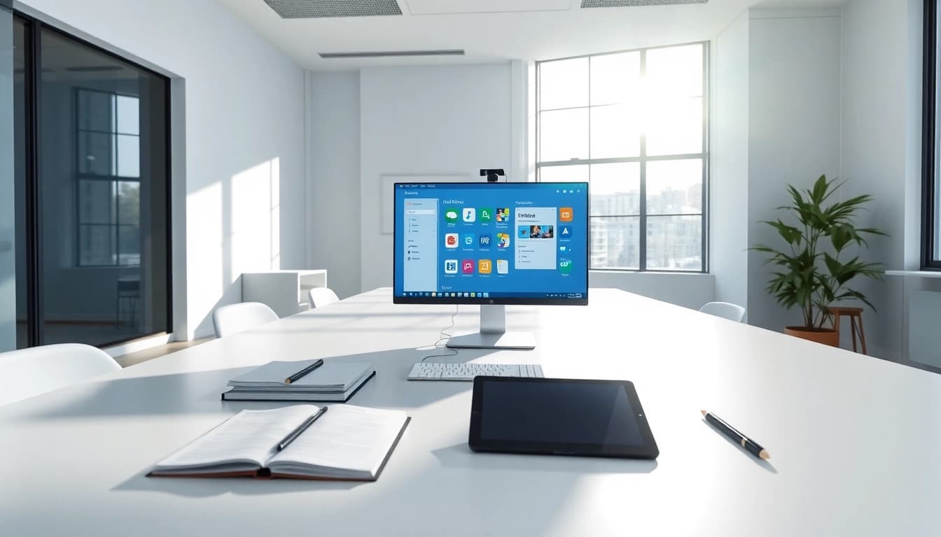 Entdecken Sie die Funktionen von Office mit Access 2024 in einem modernen Büro mit einem hellen Arbeitsplatz.