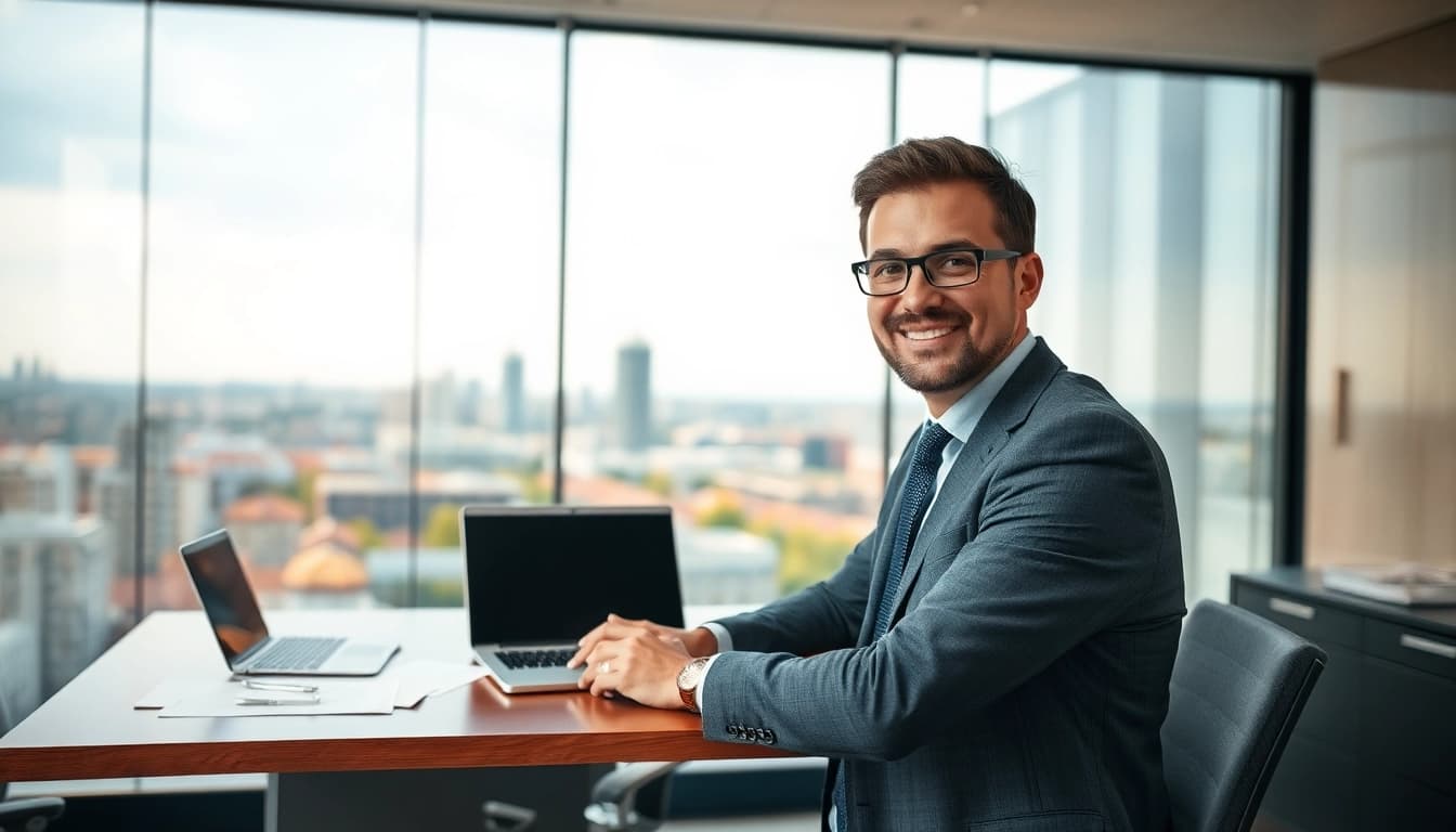 Headhunter Wolfsburg: Professioneller Headhunter im modernen Büro mit Stadtansicht.