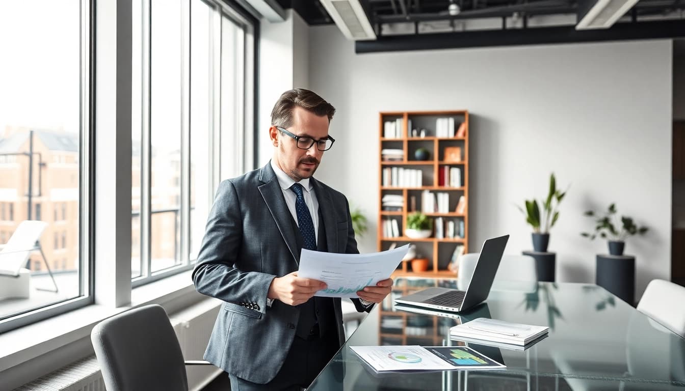 Headhunter Köln berät in stilvollem Büro mit Unterlagen und Laptop.