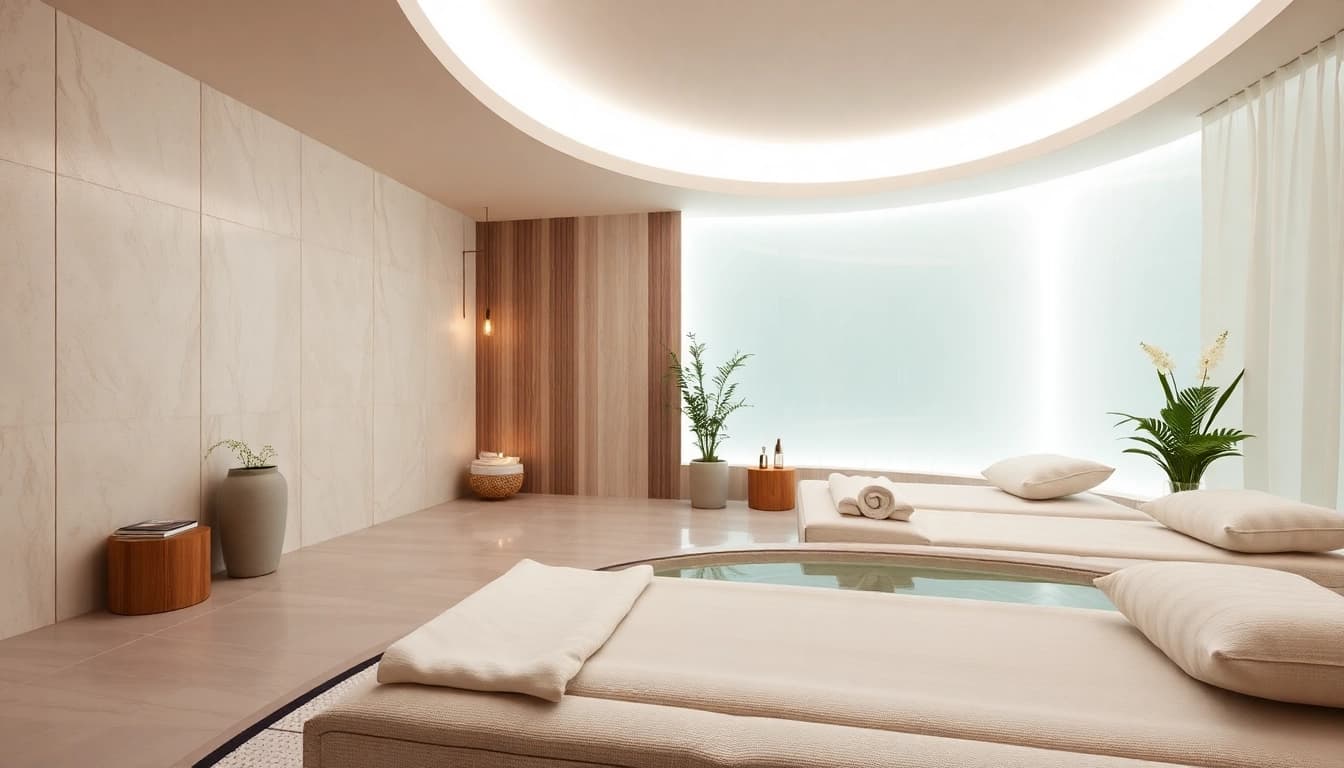 Wellnessliege elektrisch beheizbar mit ergonomischem Design und sanfter Beleuchtung im Spa-Ambiente.