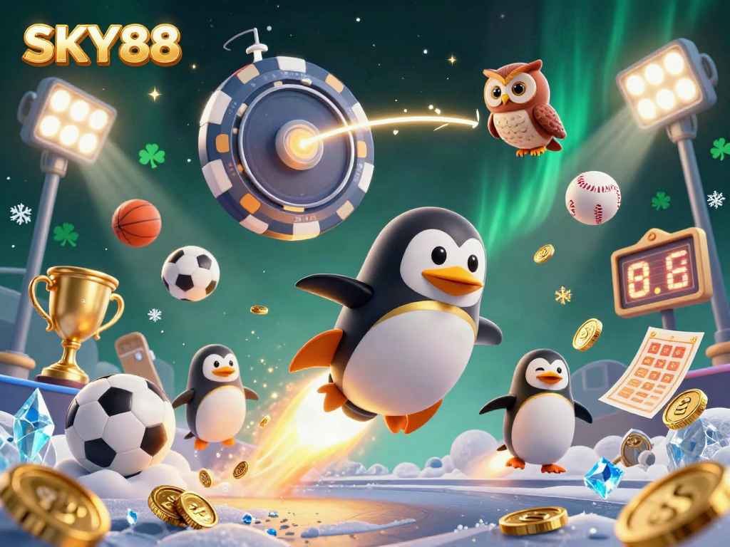 Engage in thrilling games at SKY88, featuring a dynamic penguin and a vibrant casino space station.