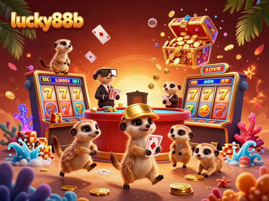 Engage in thrilling gameplay at lucky88b with an energetic meerkat casino scene, packed with slots and vibrant jackpot elements.