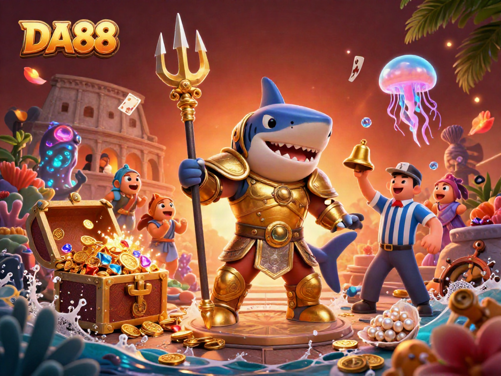 Experience DA88 thrilling underwater casino battles with a tiger shark and dynamic gaming elements.
