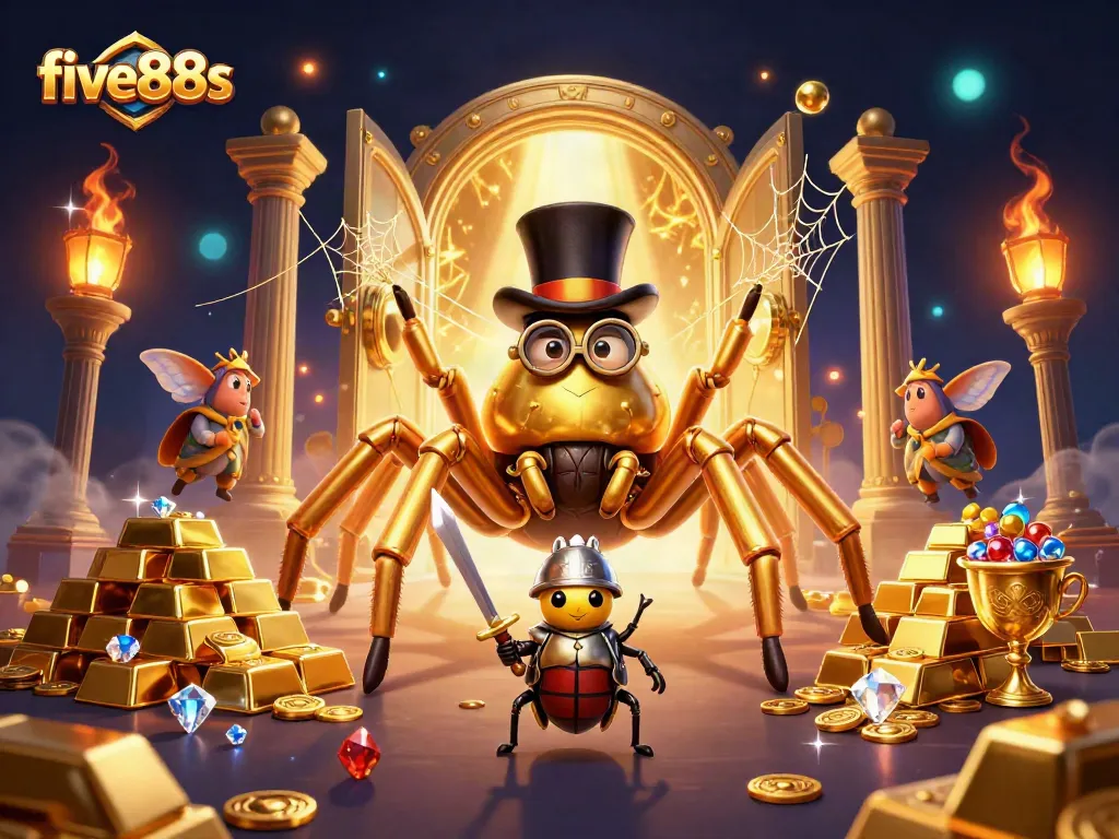 Experience thrilling action at five88s with a brave beetle knight in a vibrant casino setting.