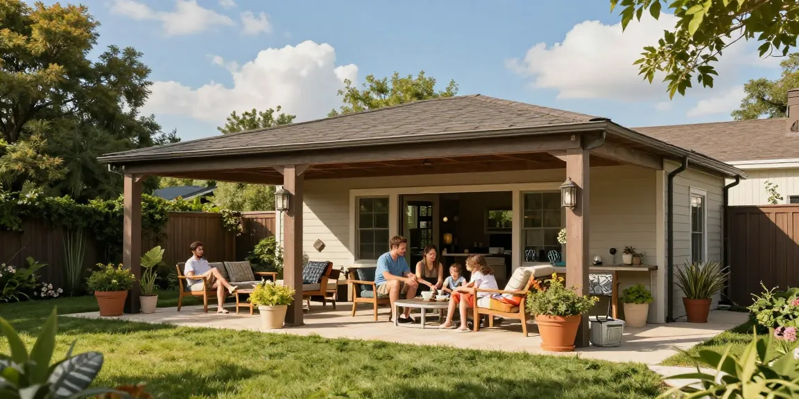 Freistehende Terrassenüberdachung im Garten mit Familie an einem sonnigen Tag.