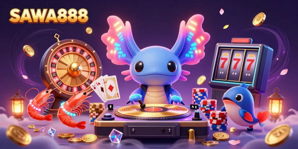 Catch the excitement of SAWA888 with vibrant characters and a lavish casino backdrop.