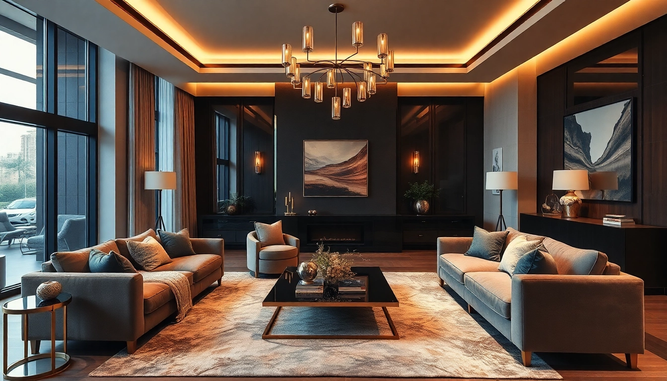 Luxury modern living room featuring elegant decor and warm lighting for a cozy ambiance.