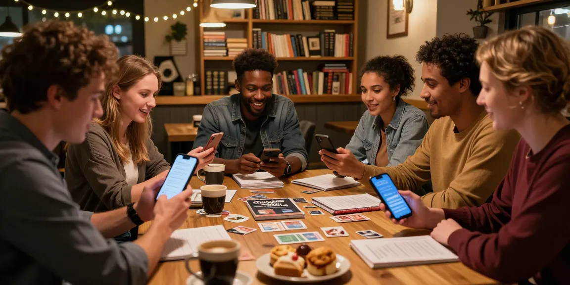 Group of friends enjoying a Quiz Allgemeinwissen night in a cozy café setting.