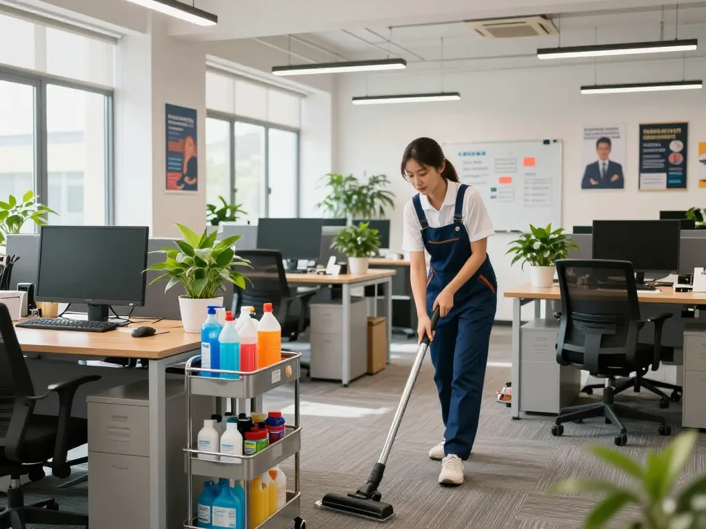 Reinigungsservice fürs Büro in Münster mit einem professionellen Reiniger, der einen aufgeräumten Arbeitsplatz mit Schreibtischen und Pflanzen bei hellen Beleuchtung sicherstellt.