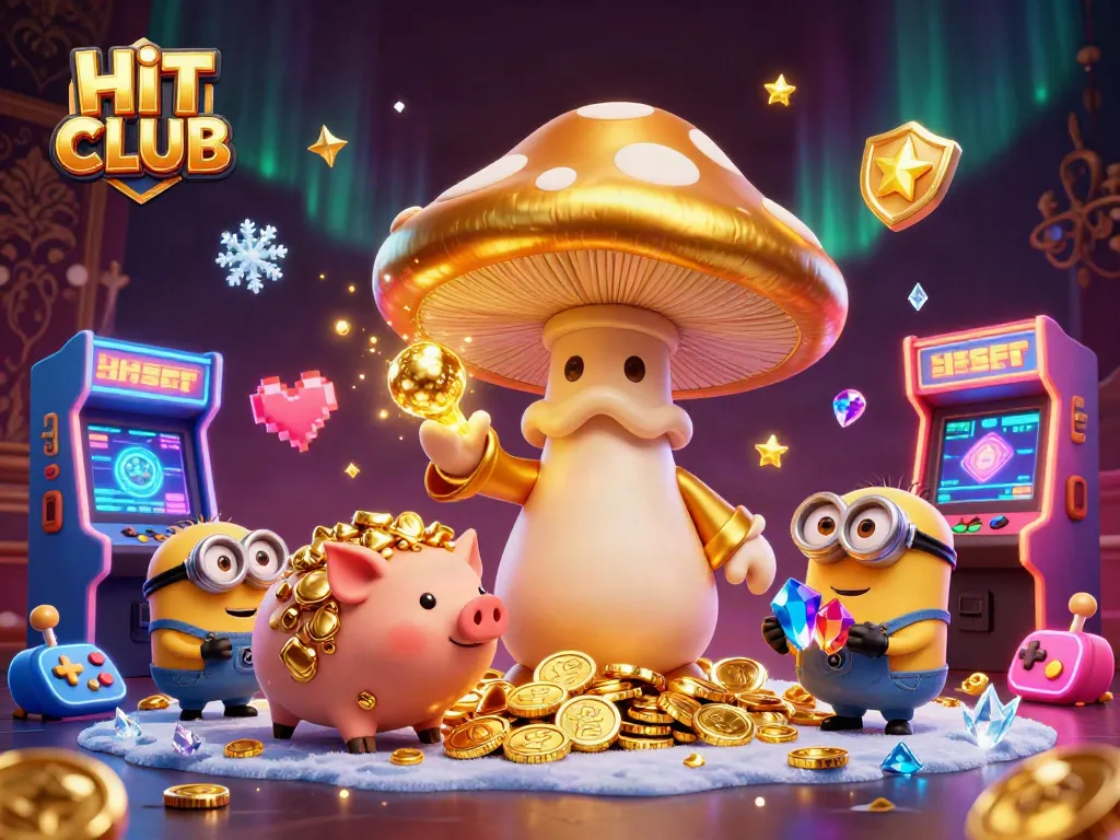 Experience the magic of HIT CLUB as the golden mushroom wizard conjures wealth in this vibrant casino scene.