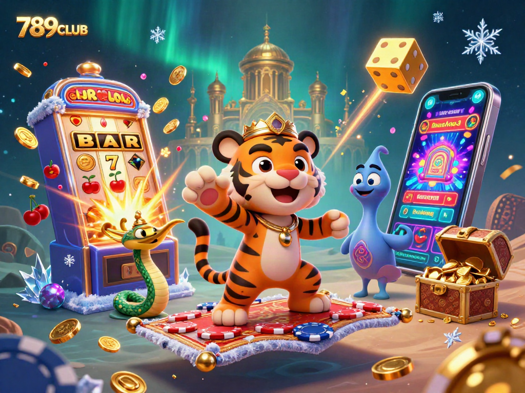 Experience the excitement of 789CLUB with vibrant slot machines and winning jackpots in a magical Arabian-themed scene.