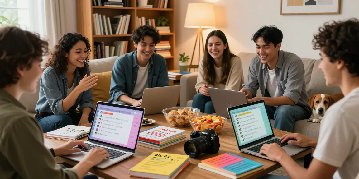 Freunde testen ihr Quiz Allgemeinwissen in einem gemütlichen Wohnzimmer mit Laptops und Snacks.