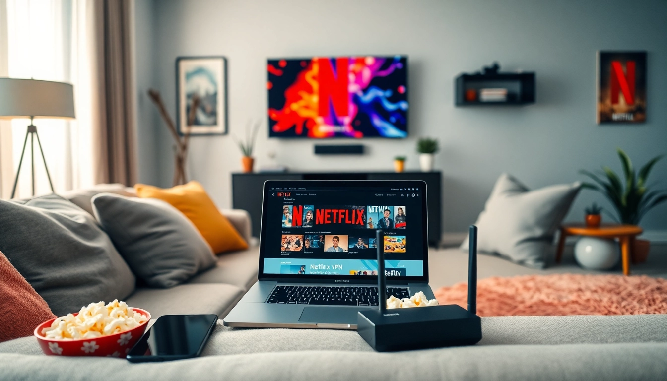 Experience seamless streaming with a Netflix VPN in a cozy living room setting, featuring a laptop and TV.