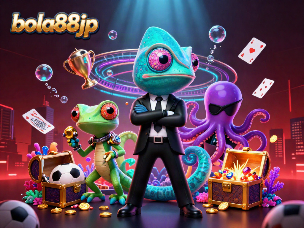 Engage in thrilling sports betting action with bola88jp, featuring colorful gems, sports balls, and gold coins surrounding animated characters.