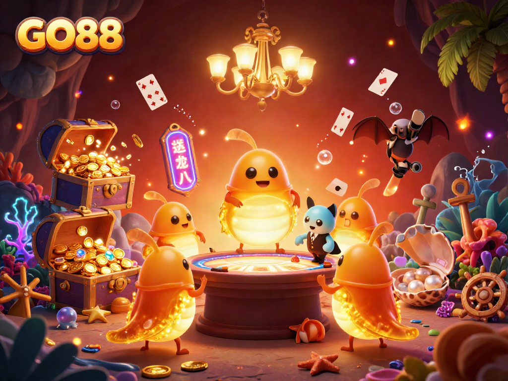 Enjoy thrilling gameplay at GO88, with glowing casino elements and fun gaming features surrounding glowing characters.