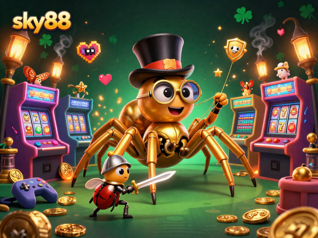 Experience the thrill of sky88 with a dynamic casino scene featuring colorful characters and games.