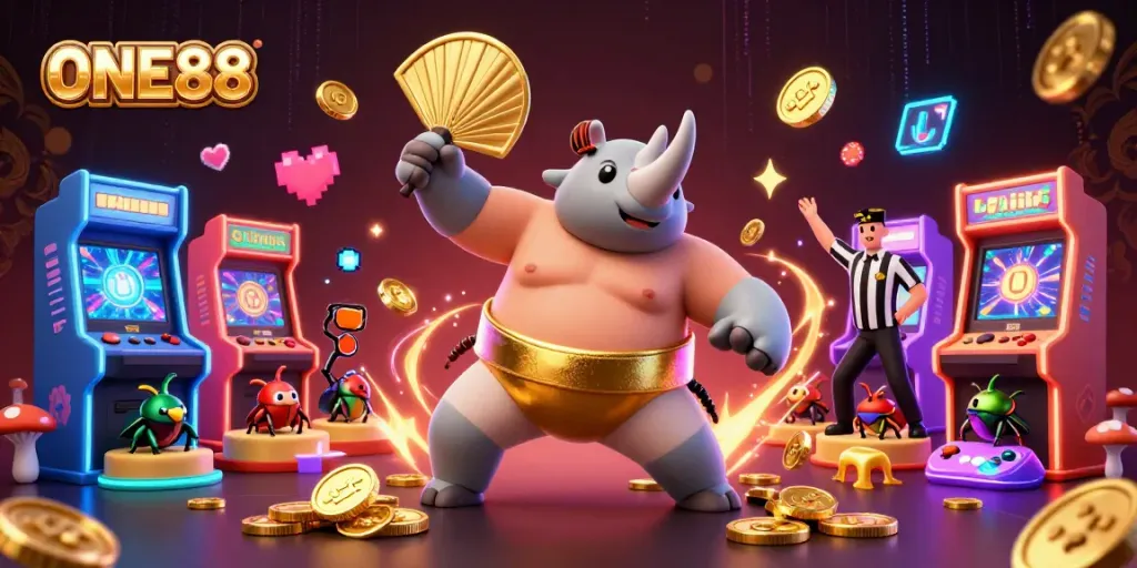 Experience the thrill of gambling with ONE88 in an electrifying 3D casino scene showcasing action and excitement.