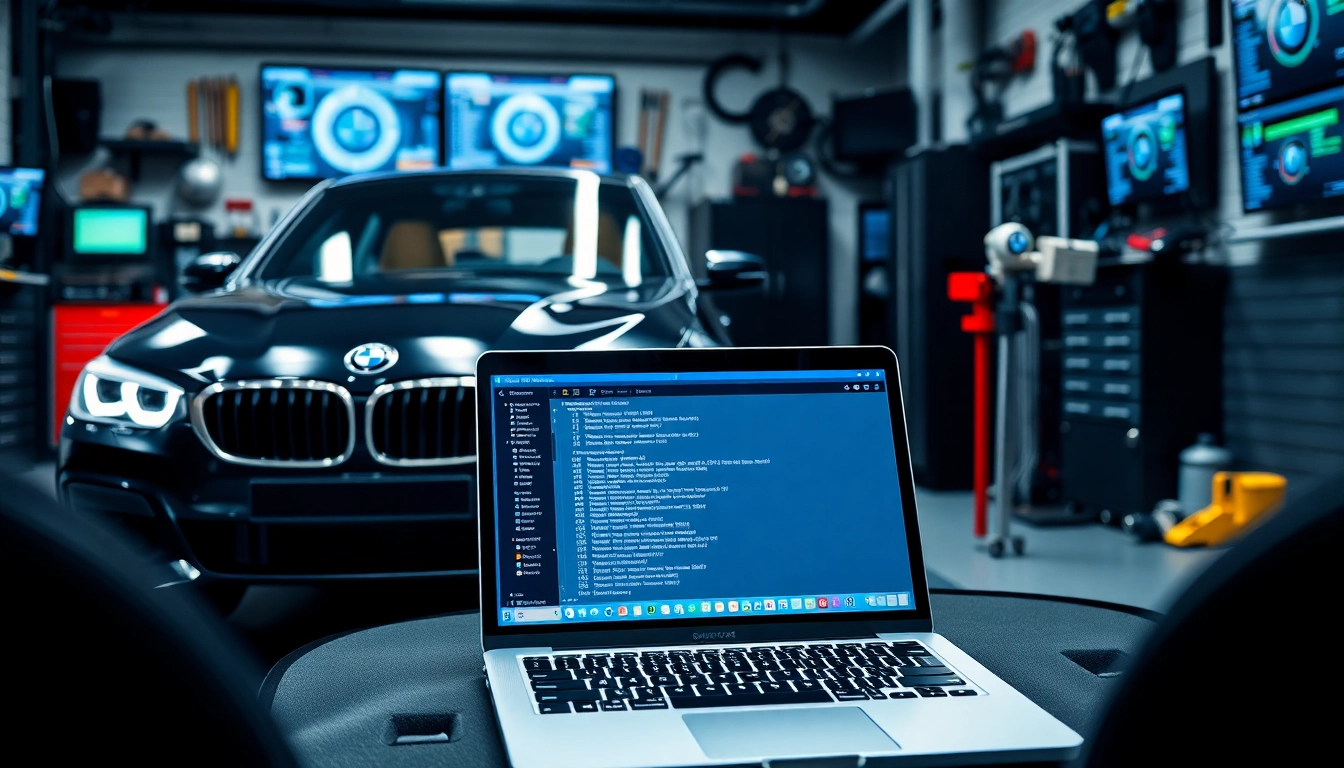 BMW Codierung in modernem Werkstatt-Setup mit Laptop und Fahrzeugdiagnose.