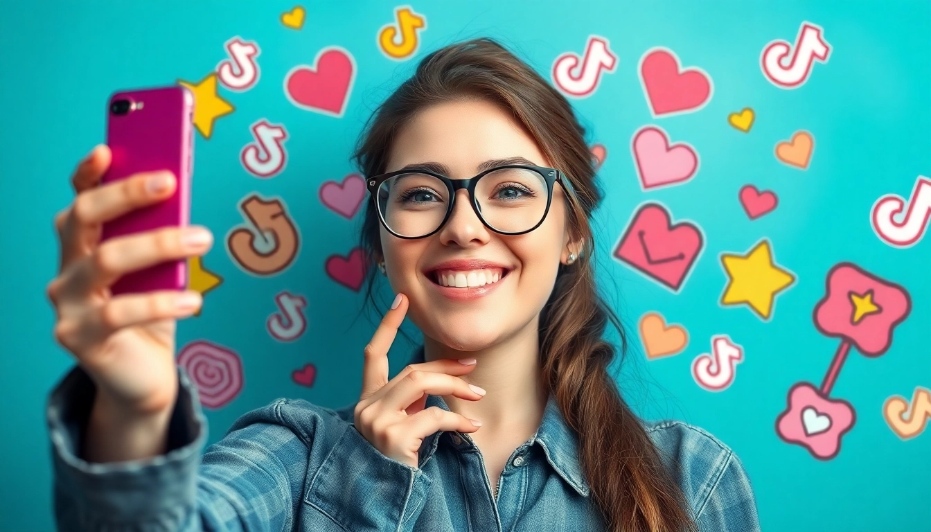 Follower kaufen tiktok: Ansprechende Influencerin mit Smartphone inmitten lebendiger TikTok-Symbole.